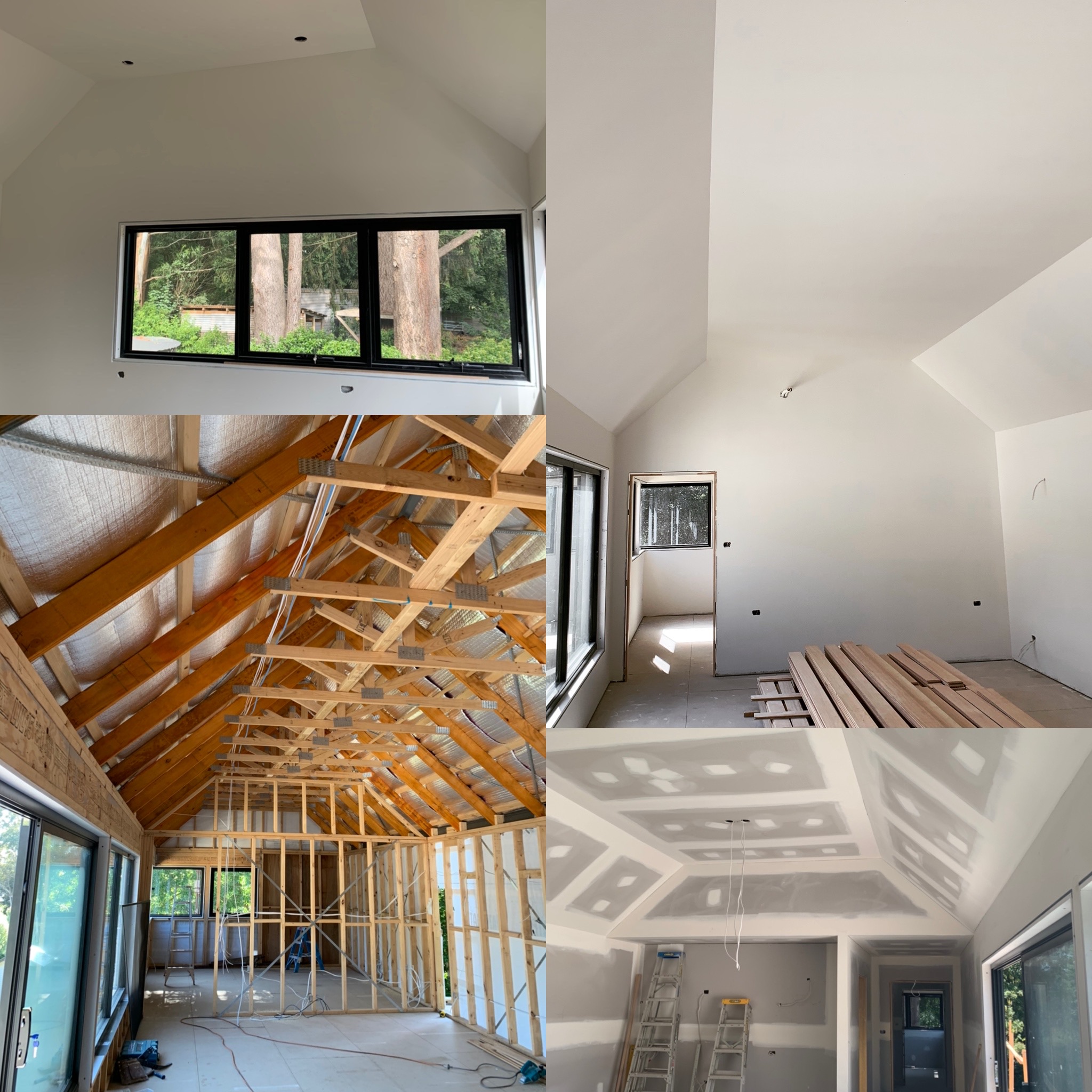 Renovation room with exposed framing and new plasterboard